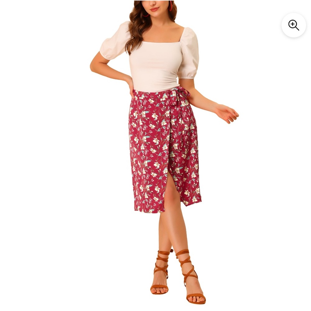 Allegra K Red Floral True Wrap Skirt